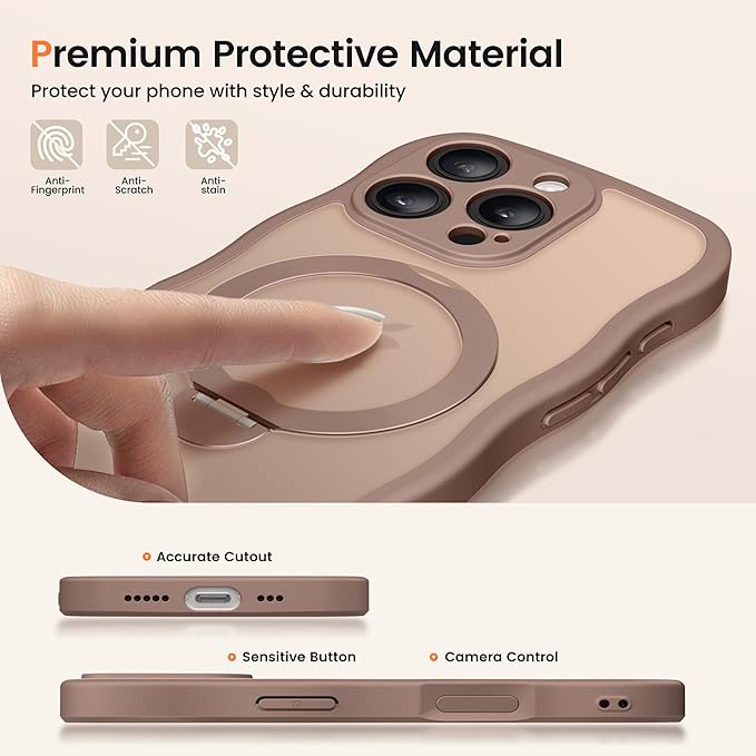 CAPRARO for iPhone 16 Pro Max Case with 360° Spin Magnetic Stand for Women, [Compatible with MagSafe] [Full Camera Protection] Cute Wave Translucent Matte Case for iPhone 16 Pro Max, Brown