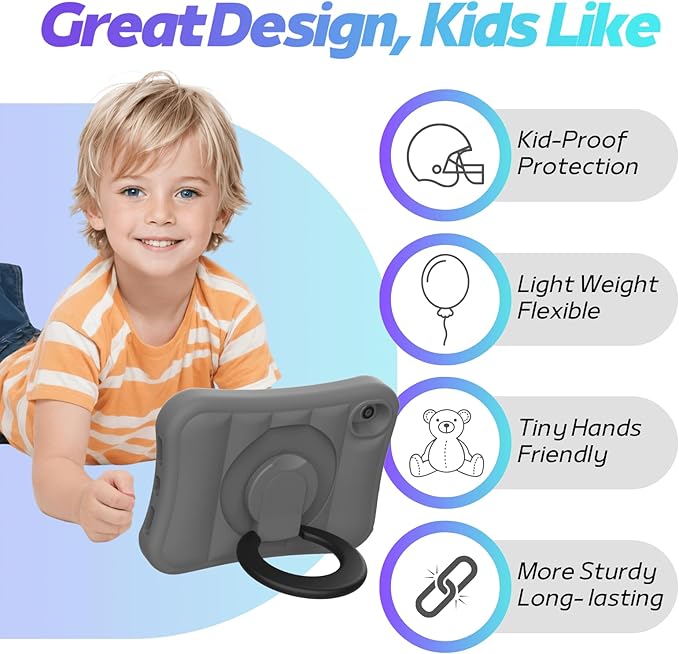Kids Case for iPad mini 7 (A17 Pro) 2024 / Mini 6th Gen 2021 8.3 inch – Lightweight Flexible Shockproof Rotating Stand Handle Rugged Cover for iPad mini 7th 6 Generation Girls Boys, Grey Black
