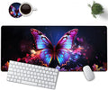 Large Mouse Pad, 31.5 x 11.8in Extended Gaming Mouse Pad with Stitched Edges, XXL Mousepad Protector Non Slip Rubber Base for Office and Home Writing Mat, Colorful Butterflies Pattern Black Desk Mat