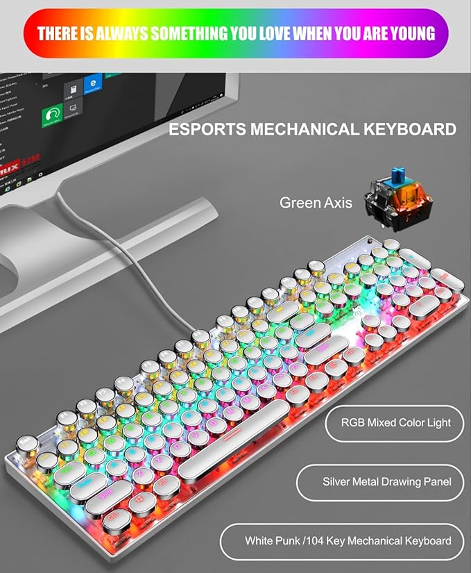 YSCP Typewriter Style Mechanical Gaming Keyboard Rainbow Backlit Wired with Blue Switch Retro Round Keycap 104 Keys Keyboard (L-White)