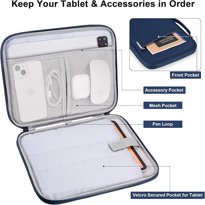 iPad Pro 11 Inch Sleeve Case, Travel Tablet Carrying Bag for iPad Pro 11-in (M4), iPad 10.9 (10th Gen), iPad Air 11-in (M2), Galaxy Tab S9/S8 (Navy Blue-11)