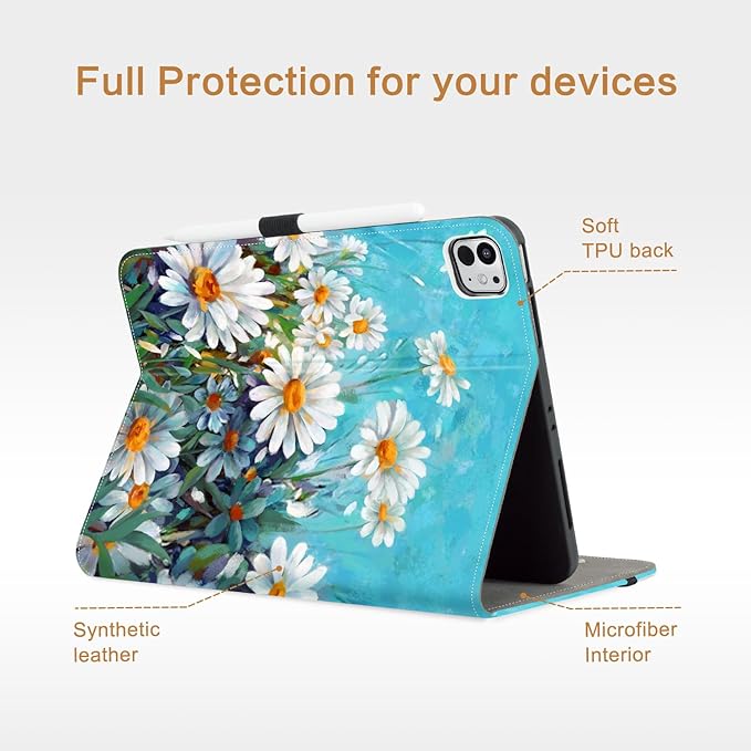 Vimorco for iPad Pro 13 Inch Case M5/M4 2025/2024, Flower for iPad 13 Pro Case M5/M4 for Girls Women, Auto Wake/Sleep, Adjustable Stand Cover, Hand Strap, Card Pocket, Pencil Holder, Daisy