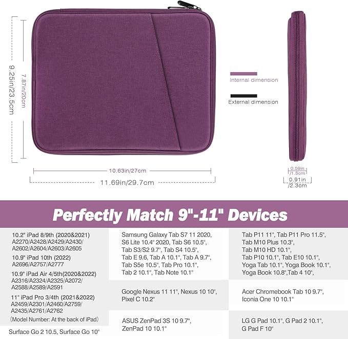 MoKo 9-11 Inch Tablet Sleeve Case, Fits New 11inch iPad Air M4/Pro M5, iPad A16 11", i-Pad 10/9/8/7th/Air 5/4th 10.9"/10.2", Tab S9/S8 11", Protective Bag Carrying Case with Pocket, Purple