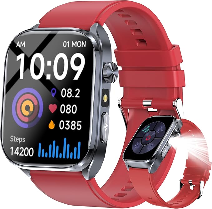 Advanced Health Smartwatch for Women Men with Real-Time Monitoring of Heart Rate, Sleep Quality and Stress Levels, Always-On Display，Bright Flashlight (Red)