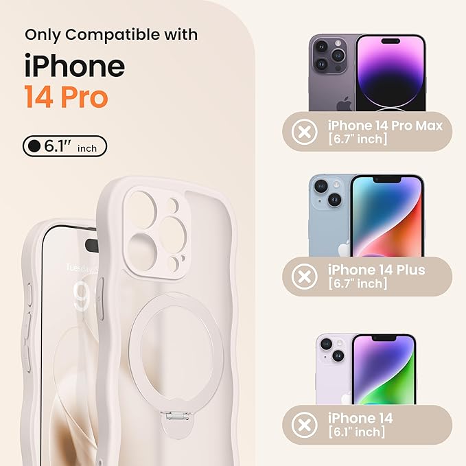 CAPRARO for iPhone 14 Pro Case with 360° Spin Magnetic Stand for Women, [Compatible with MagSafe] [Full Camera Protection] Cute Wave Translucent Matte Case for iPhone 14 Pro,Stone