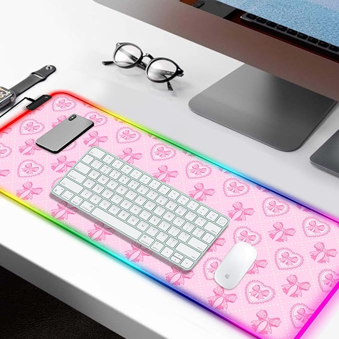 RGB Pretty Pink Love Bows Gaming Desk Mat, Computer Keyboard Large Extended Long Girly LED Mouse Pad for Office and Home, XL (W13)