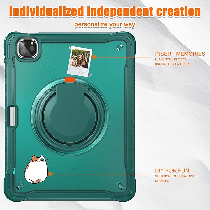 Batianda for iPad Pro 11 inch Case 2025 M5 2024 M4 Chip Lightweight Dual-Layer Protective Tablet Cover, Durable Shock-Absorbing Corners with 360° Rotating Kickstand Ring Built-in Pen Slot, Teal