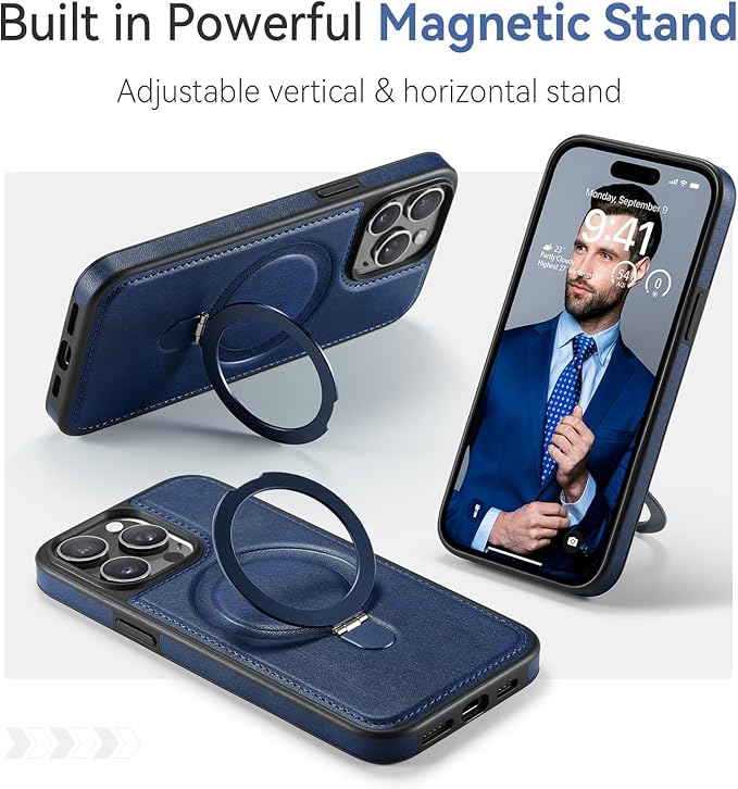 Compatible with iPhone 15 Pro Case with Stand, Compatible with MagSafe, Slim PU Leather & Durable TPU Protective Cover Drop-Proof with Tempered Glass Screen Protector 6.1", Blue