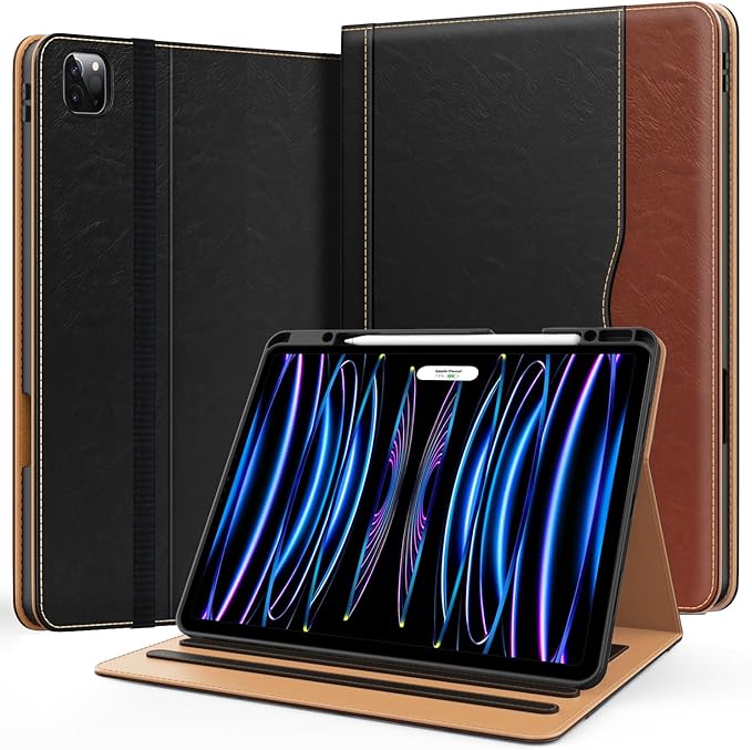 Zonefoker Case for New iPad Pro 12.9 inch 6th/5th/4th/3rd Generation 2022/2021/2020/2018, 12.9'' ipad Pro Leather Folio Protective Cover 6/5/4/3 Gen with Pencil Holder, Auto Wake/Sleep, Brown Black