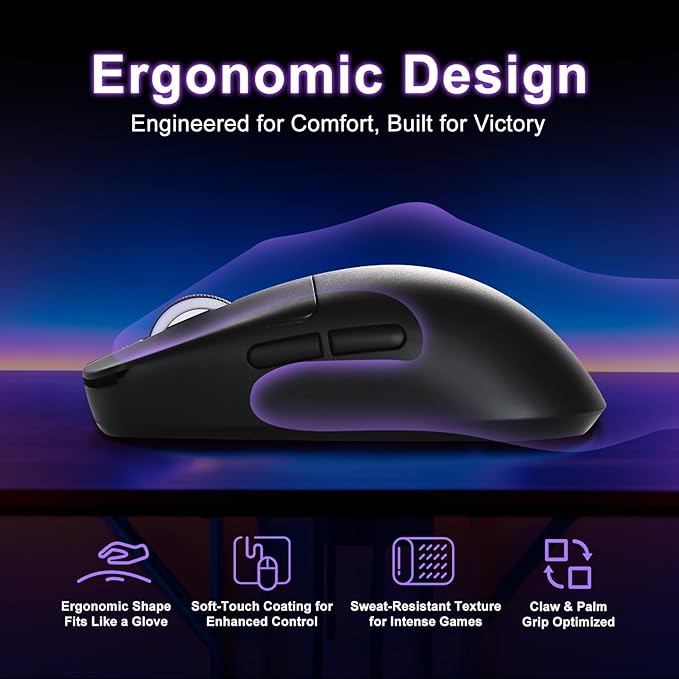 R1 SE+ Gaming Mouse, 18000 DPI, High-Precision PAW3395 SE Sensor,55g Lightweight, Tri-Mode 2.4G/BT5.0/USB-C Wireless Mouse, Programmable Ergonomic Mouse Suitable for Laptops/PC/Mac (Black)