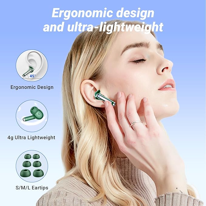 Wireless Earbuds Bluetooth 5.4 Headphones HiFi Stereo 42H Playback in Ear with 4 ENC Noise Cancelling Mic, IPX7 waterproof and LED battery display screen for Running Fitness Office Ear Buds in Green