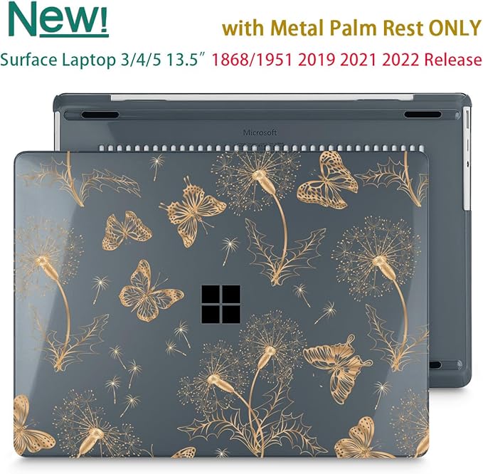 Case for 13.5" Microsoft Surface Laptop 5/4/3 with Metal Palm Rest ONLY 2019-2022 Release Models:1868/1951, Plastic Hard Shell Case with Keyboard Cover & Screen Protector, Butterflies
