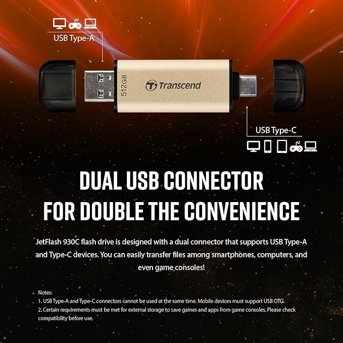Transcend JF930 256GB Dual USB C Flash Drive for iPhone/iPad/Mac/Windows, Android/Tablet/PC/Gaming Console, Photo Stick Up to 420MB/s, USB 3.2 Thumb Drive, Memory Stick with 2-in-1 Type C &Type A