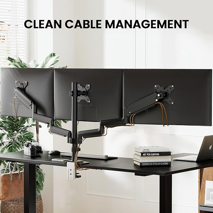 ErGear Triple Monitor Mount for 13-27 inch Screens, Premium Aluminum Triple Monitors Stand up to 17.6 lbs, Sturdy 3 Monitor Desk Mount with Swivel, Tilt, Rotation, Max VESA 100x100mm