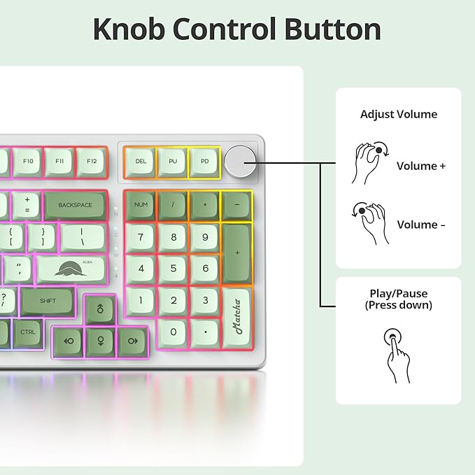 Wired Creamy Gaming Keyboard with Number Pad, 96% Hot-swappable Mechanical Keyboard, Full Layout Custom Keyboard Gasket Mounted with Red Switch Knob Control(Green)