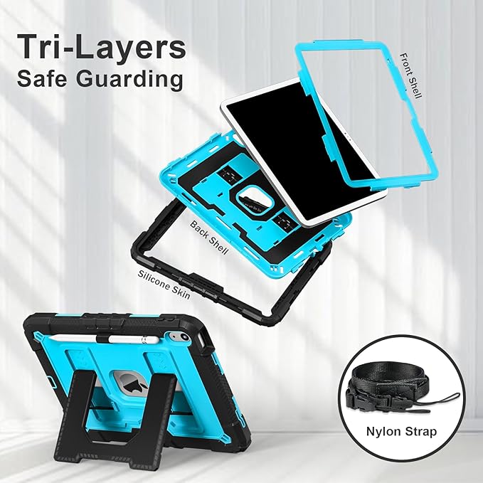 Kids Friendly Case for iPad A16 11th Generation 11 Inch 2025 / iPad 10th Generation 10.9" 2022 Case with Pencil Holder & Shoulder Strap, Hybrid iPad 11 10 Cover Rugged Shockproof Kickstand,Black+Blue