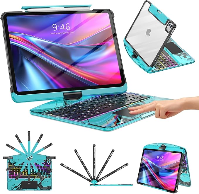 TSQQST Clear Wireless Keyboard Case for iPad Pro 13 Inch M5/M4 2025/2024 with Pencil Holder & Multi-Touch Trackpad, Visible PCB High-Tech Style, 3-Brightness & 7-Color Backlight, 360 Rotatable, Blue