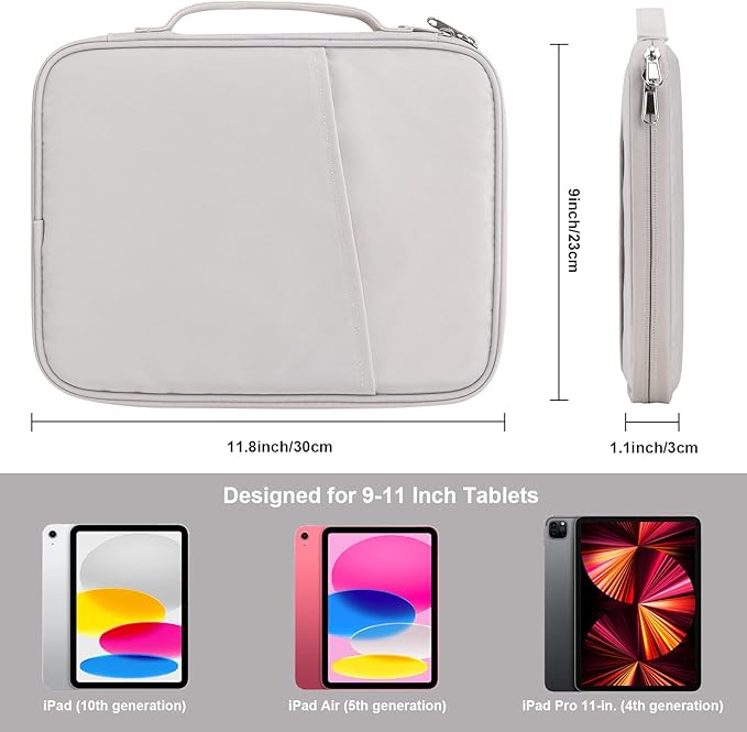 11 Inch iPad Travel Case Organizer, Padded Tablet Carrying Sleeve Bag for iPad Pro 11-in (M4), iPad 10.9 (10th Gen), iPad Air 11-in (M2), Galaxy Tab S8/S9 (White Grey-11)