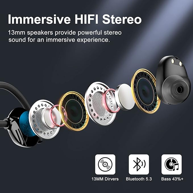 Wireless Earbuds for Small Ear, HiFi Stereo Sport Bluetooth 5.3 Headphones with Earhooks, 48H Deep Bass Ear Buds with LED Display, Noise Cancelling, IP7 Waterproof Earphones Built-in Mic for Running