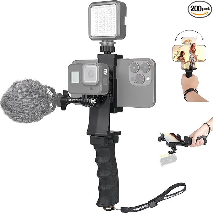 2in1 Ergonomic Portable Action Camera+Smartphone SYN Hand Grip Stabilizer Combo Mount Video Vlogging Rig Holder Kit for GoPro iPhone Interview Travel YouTube Tiktok Streaming-Mic+Light Adapter