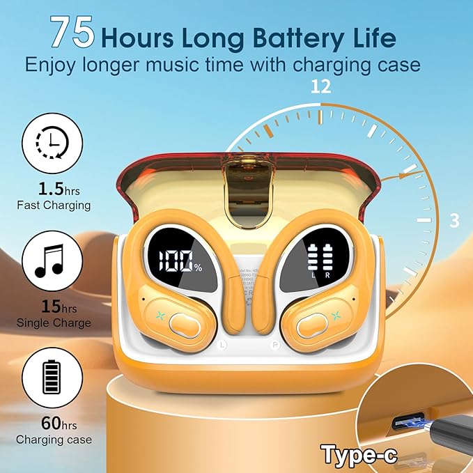 Wireless Earbuds 75hrs Bluetooth 5.4 Headphone Sport, 2026 Bluetooth Earbuds Stereo Deep Bass Over Ear Bud with Earhooks, ENC Noise Cancelling Mic, IPX7 Waterproof Earphone for Gym/Workout, Yellow
