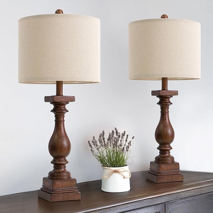 BOBOMOMO 27" Farmhouse Living Room Lamps with USB-A +C Ports, Vintage Rustic Bedside Night Stand Lamps Set of 2, Linen Shade, Retro Side Table Lamps for Living Room, Bedroom (Blubs not Included)