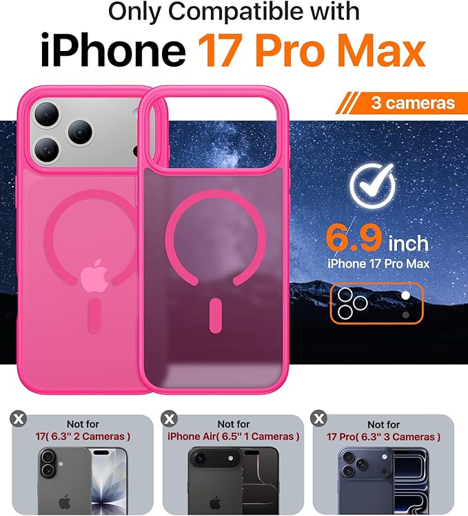 Magnetic for iPhone 17 Pro Case,[Anti-Slip][Compatible with MagSafe][Military Grade Drop Protection] Shockproof Protective Translucent Matte Phone Case for iPhone 17 Pro Case,Hot Pink