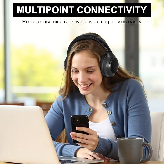Active Noise Cancelling Headphones, 65H Bluetooth Headphones, Custom EQ via App Headphones Wireless with Mic, Bluetooth 6.0 Foldable Lightweight Headsets for Commuting Travel Work Home (Black)