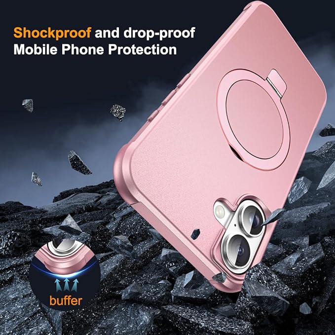 SKYLMW Compatible with iPhone 16 Plus Case with Invisible Magnetic O-Ring Stand Military-Grade Case for iPhone 16 Plus 6.7" [Compatible with Mag-Safe][Great Grip Feeling], Rose Gold