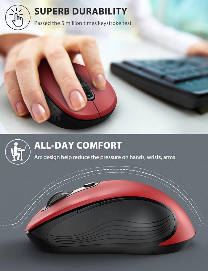 Trueque Wireless Mouse for Laptop, 2.4GHz Ergonomic Computer Mouse with Back & Forward Buttons, 3 Adjustable DPI Levels, 6 Buttons, Optical USB Cordless Mice for Windows PC, M01 (Red)