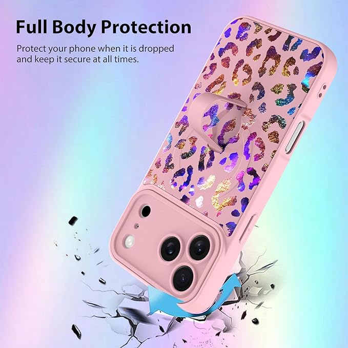 KANGHAR Compatible with iPhone 17 Pro Case, Support for MagSafe, Silicone Cute Iridescent Leopard Cheetah Pattern, Wristband Kickstand Shockproof Protective Slim Cover for Women Girls, Pink