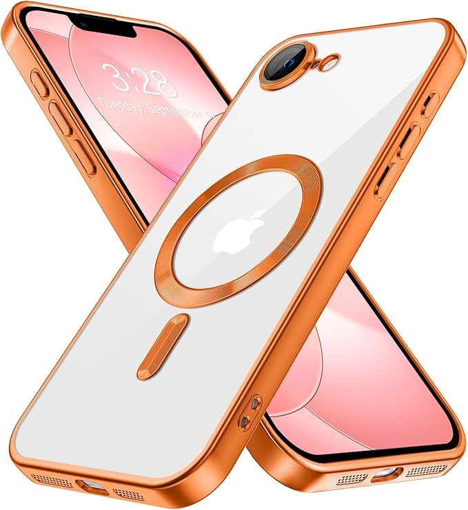Hython Magnetic Clear for iPhone 17e Case with Camera Lens Protector [Compatible with MagSafe] Luxury Plating Edge Slim Soft TPU Cover Protective Phone Case for iPhone 17e 6.1", Matte Orange
