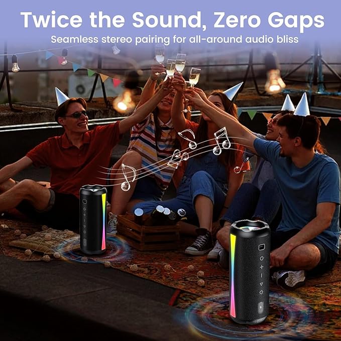 Portable Bluetooth Speaker, 2026 Bluetooth Wireless Speaker 5.4 with RGB Lights, 20H Playtime with Deep Bass, IP7 Waterproof, TWS Pairing, Portable Speaker for Travel/Party/Home/Gifts, Black