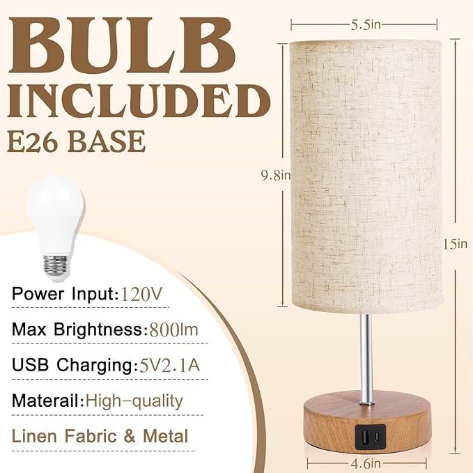 UNIFUN Touch Control Bedside Table Lamp with USB-C Charging Ports, 4-Way Dimmable Nightstand Lamp with Wood Base & Fabric Shade for Bedroom Living Room