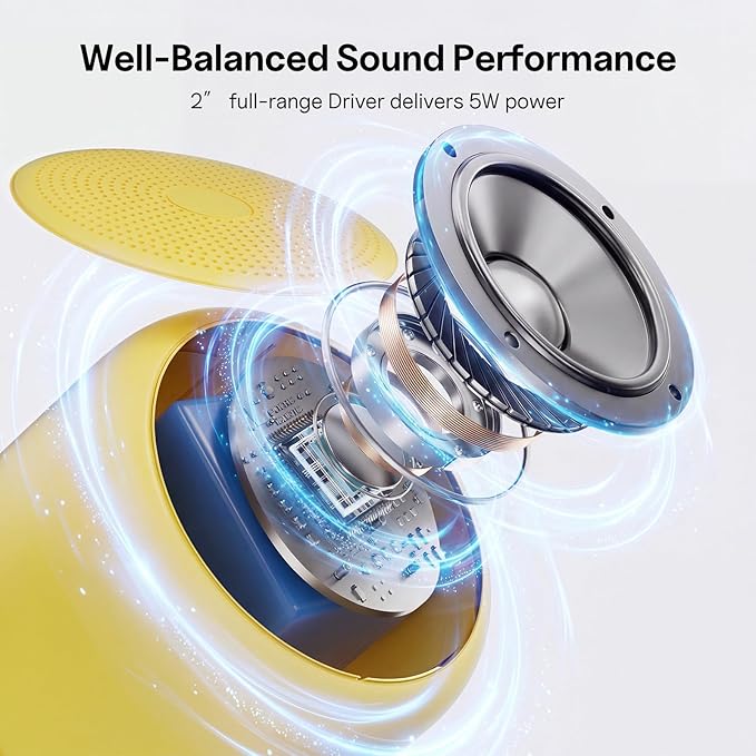Bobtot Portable Bluetooth Speakers with Strap Easy to Carry, Wireless Waterproof Mini Speaker with Loud Stereo Sound, 20 Hours Playtime, Rechargeable Battery, Built-in Microphone, Yellow