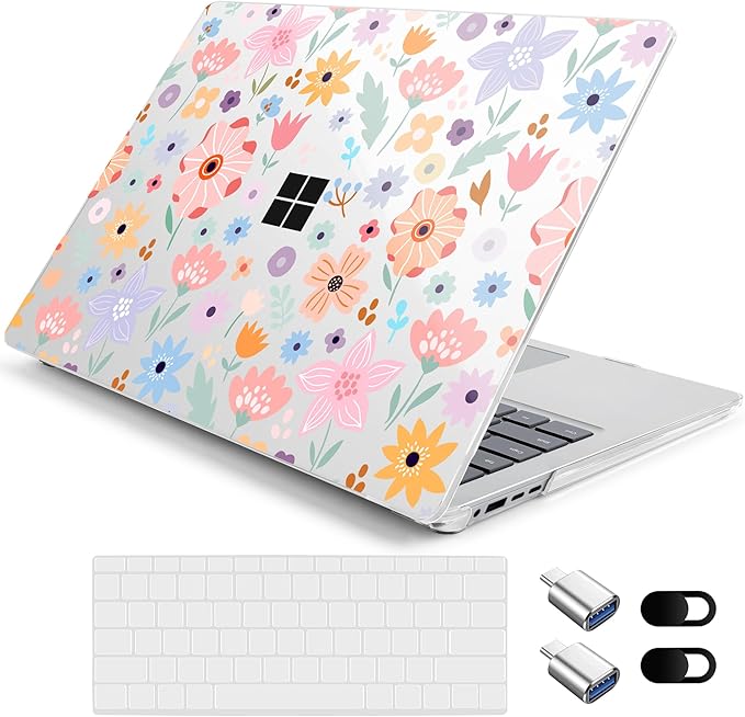 Hard Case for 15-inch Microsoft Surface Laptop Copilot+ PC 2024 (7th Ed) Fashionable Lightweight Floral Design Clear Laptop Shell, with TPU Keyboard Cover & OTG Adapters, Colorful Flowers