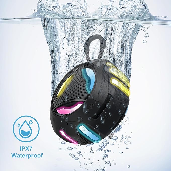 Bluetooth Shower Speaker Waterproof, Portable Bluetooth Speakers Wireless, Outdoor, Floating IPX7, Built-in Mic, 24H Playtime with LED Lights, Loud HD Sound, Powerful Bass, Gifts for Unisex - Black