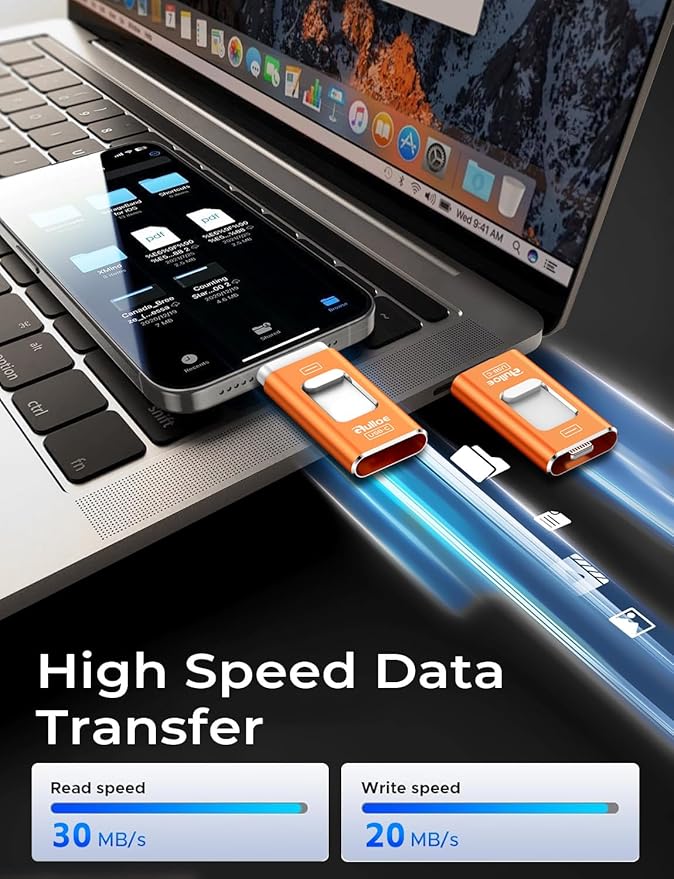 Gulloe 512GB Dual Interface Flash Drive for Phone Storage Photos Videos, Phone USB Backup External Photo Memory Stick - No App Required, Compatible with iPhone, iPad, Android & PC (Orange)