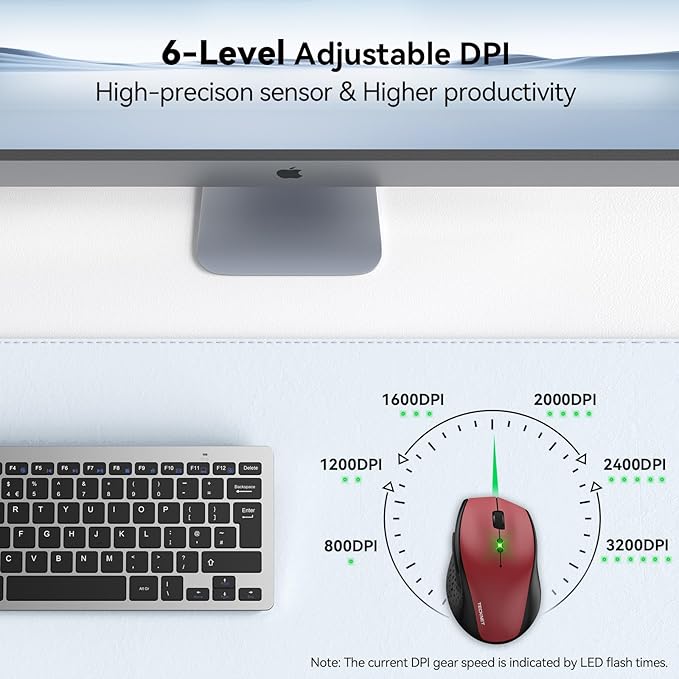 TECKNET Wireless Mouse, 2.4G USB Computer Mouse with 6-Level Adjustable 4800 DPI, 30 Months Battery, Ergonomic Grips, 6 Buttons Portable for PC, Chromebook, Mac (Red)
