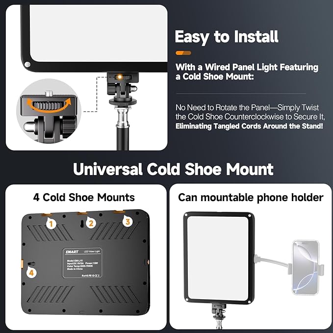 EMART LED Video Light Kit with Phone Holder & Barndoor, 2800-7000K Dimmable Studio Lights for Video Recording, 73'' Height for Live Streaming, YouTube, Vlog, Photography, Content, Podcast, 2-Pack