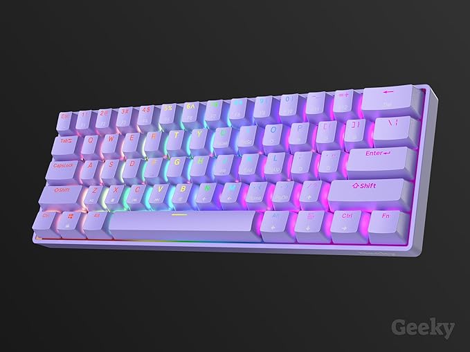 Geeky GK61 SE 60% | Mechanical Gaming Keyboard | 61 Keys Multi Color RGB LED Backlit for PC/Mac Gamer | ANSI US American Layout (Lavender, Mechanical Red)