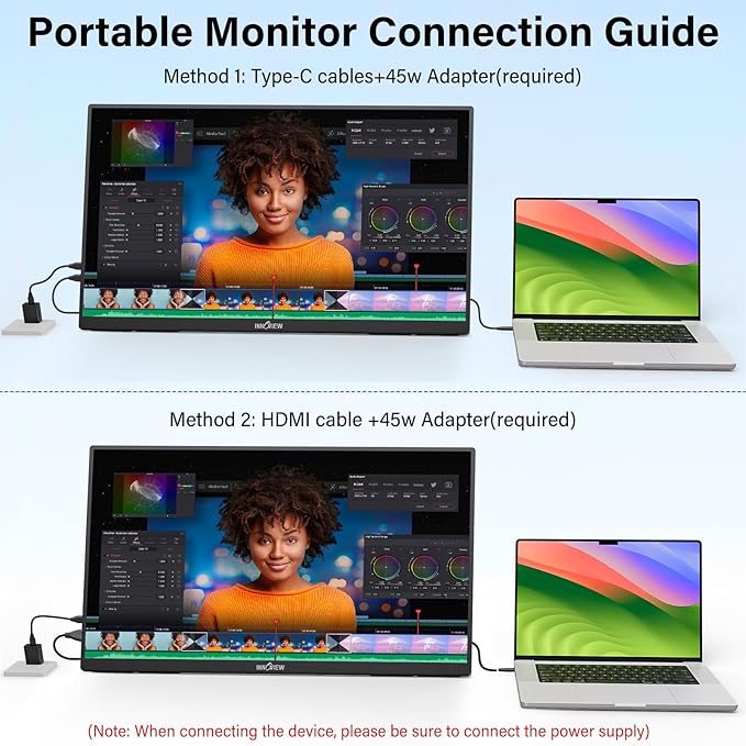 Innoview 23.8” 4K Large Portable Monitor, UHD (3840*2160) 100%sRGB IPS Speakers USB-C HDMI Work Home Second Monitor W/180°Adjustable Stand for Laptop, Desktop, Macbook, Phones, Tablet, PS5/4, Switch