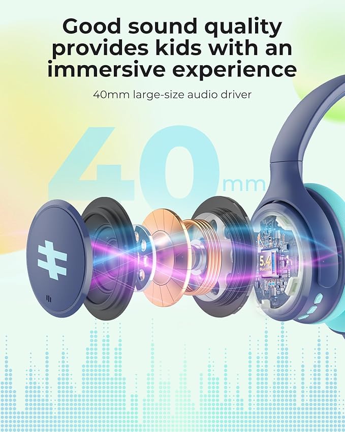 seenda Active Noise Cancelling Headphones for Kids, HEO-303 Bluetooth 5.4 60H Playtime Type C Fast Charging, 74/85/94 dB Safe Volume Limit Headset with Mic for Ipad, Airplane, Travel, Blue