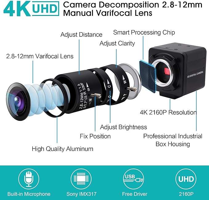 USB Camera 4K Ultra HD Mini Webcam with 2.8-12mm Optical Zoom Lens Camera High Speed USB2.0 30FPS Web Camera for Mac,Window,Linux,Android