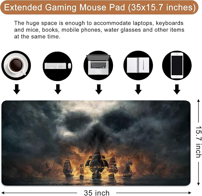 A Pirate Boat Mouse Pad XXL Large Gaming Mouse Pad 35.5x15.8 inch Large Rubber Mouse Pad for Desk with Personalized Design for Laptop, Computer PC (A Pirate Boat -1)