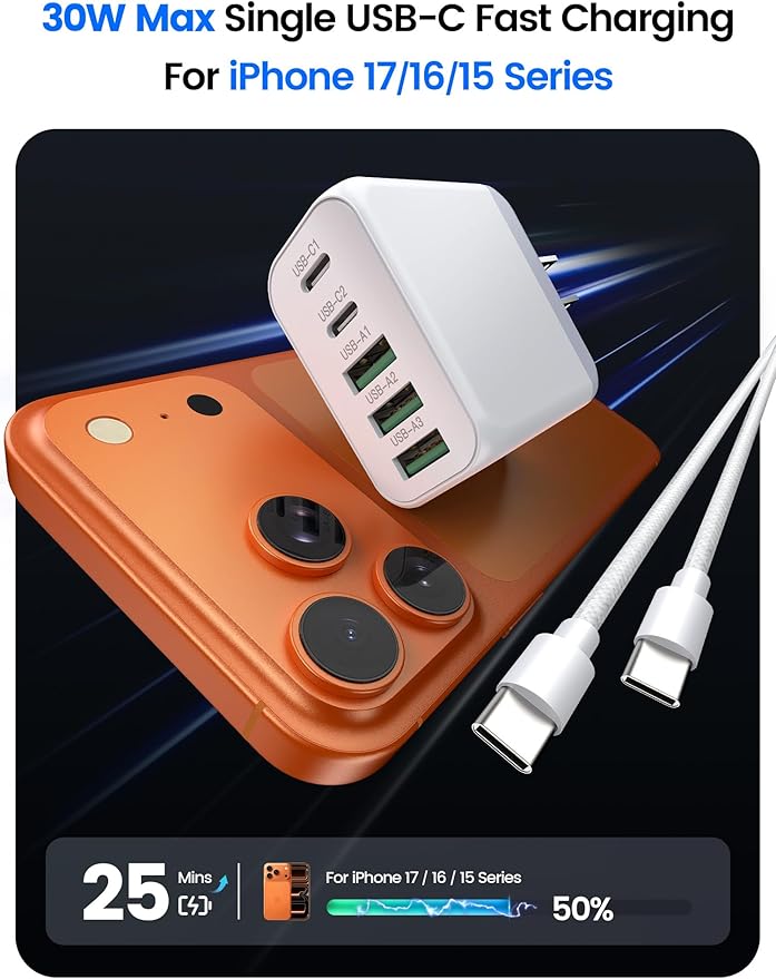 60W USB C Charger Block for iPhone 17 16 15,EIZLXQ 2-Pack USB C Wall Charger with Total 60W Max Output,10FT USB C Cable,Fast Charging Blocks for iPhone 17/16/15 Series,Galaxy,Pixel,iPad-Cream