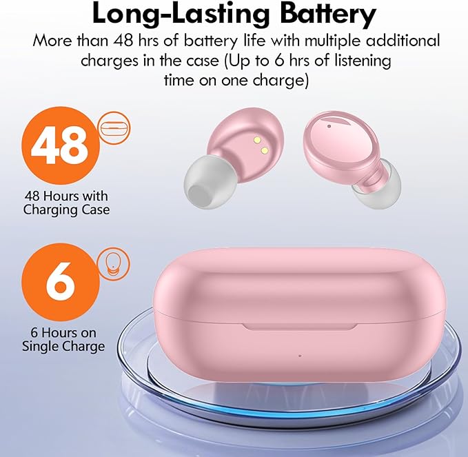 Lanteso True Wireless Bluetooth 5.4 Earbuds, 48H Playtime,Light Weight Headphones in Ear Buds Built in Mic Headset Premium Sound with Deep Bass,Clear Calls Earphones for Sports Workout Pink