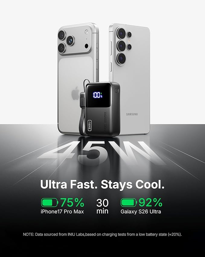 INIU Portable Charger, Ultra Mini 10000mAh 45W Fast Charging with Detachable Cable, Flight-Safe Travel USB C Power Bank External Phone Battery Pack for Xiaomi iPhone 17 16 Samsung S26 Google iPad etc