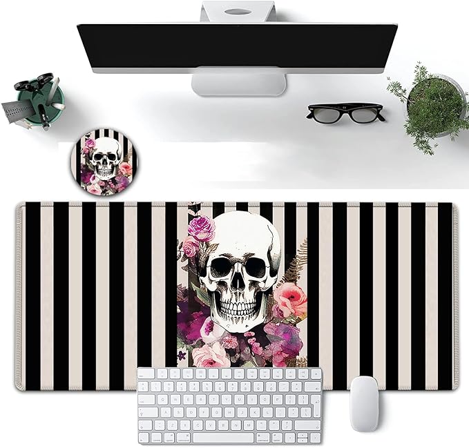 Large Mouse Pad, 31.5 x 11.8in Extended Gaming Mouse Pad with Stitched Edges,XXL Mousepad Protector Non Slip Rubber Base for Office & Home Writing Mat,Skulls and Flowers Black & White Stripes Desk Mat