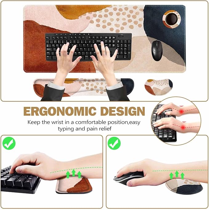 ToLuLu Extended Gaming Mouse Pad, Memory Foam Ergonomic Keyboard Mouse Wrist Rest Support Set, Large Desk Mat with Stitched Edges, Non-Slip Base Mousepad for Home Office and Game, Brown Boho Art